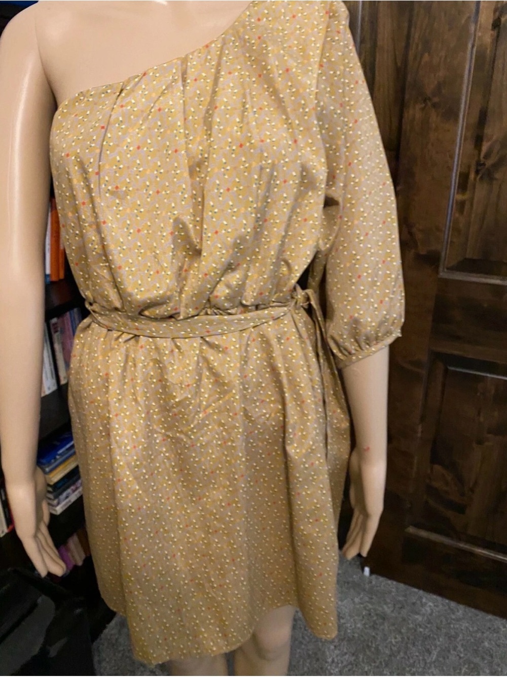 Blue Rain One-Shoulder Polka Dot Dress in Mustard Size Med